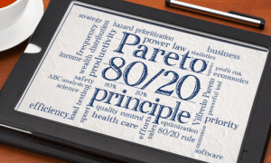 Image is of a computer tablet with lots of words being displayed. The largest of them read, Pareto 80/20 Principle